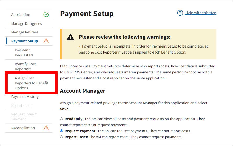 Payment Setup page with sample data. Assign Cost Reporters to Benefit Options is highlighted in left nav.
