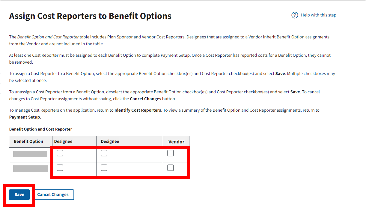 Assign Cost Reporters to Benefit Options page with checkboxes and Save button highlighted.