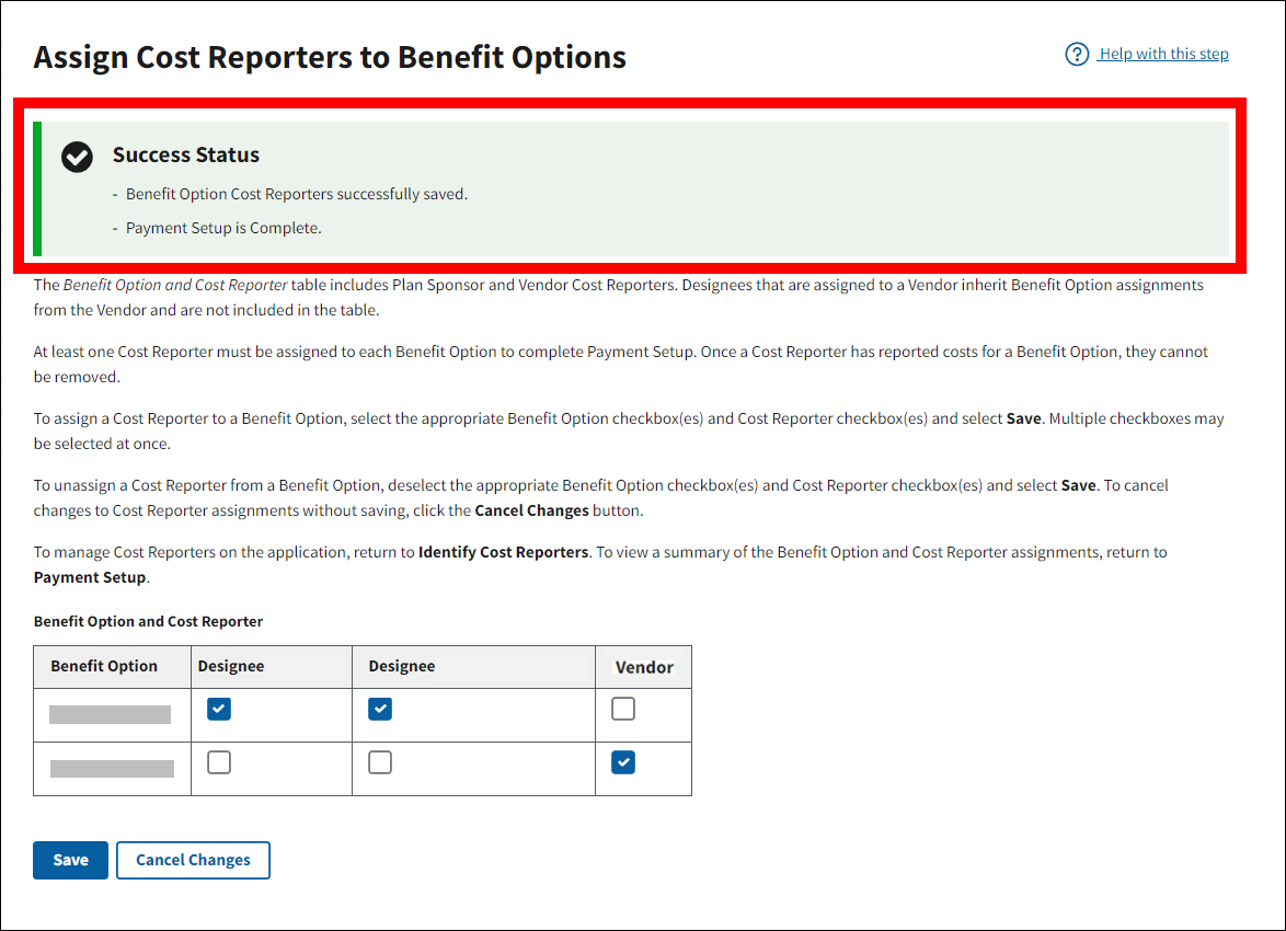 Assign Cost Reporters to Benefit Options page with Success message highlighted.