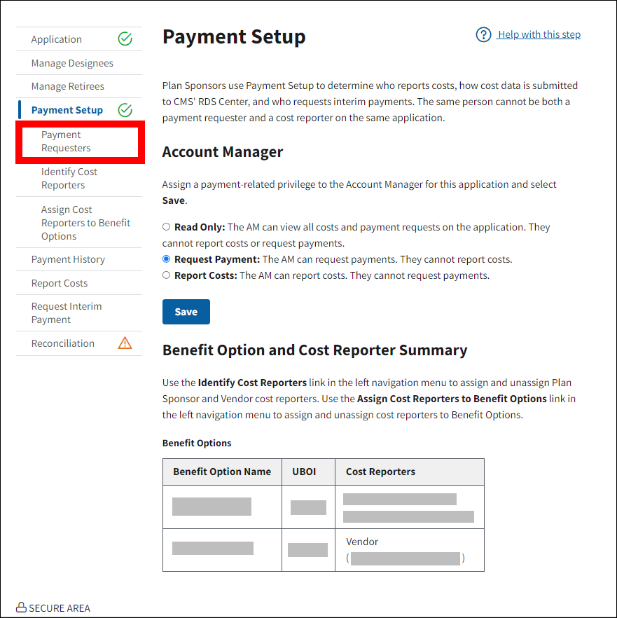 Payment Setup page with sample data. Payment Requesters is highlighted in left nav.