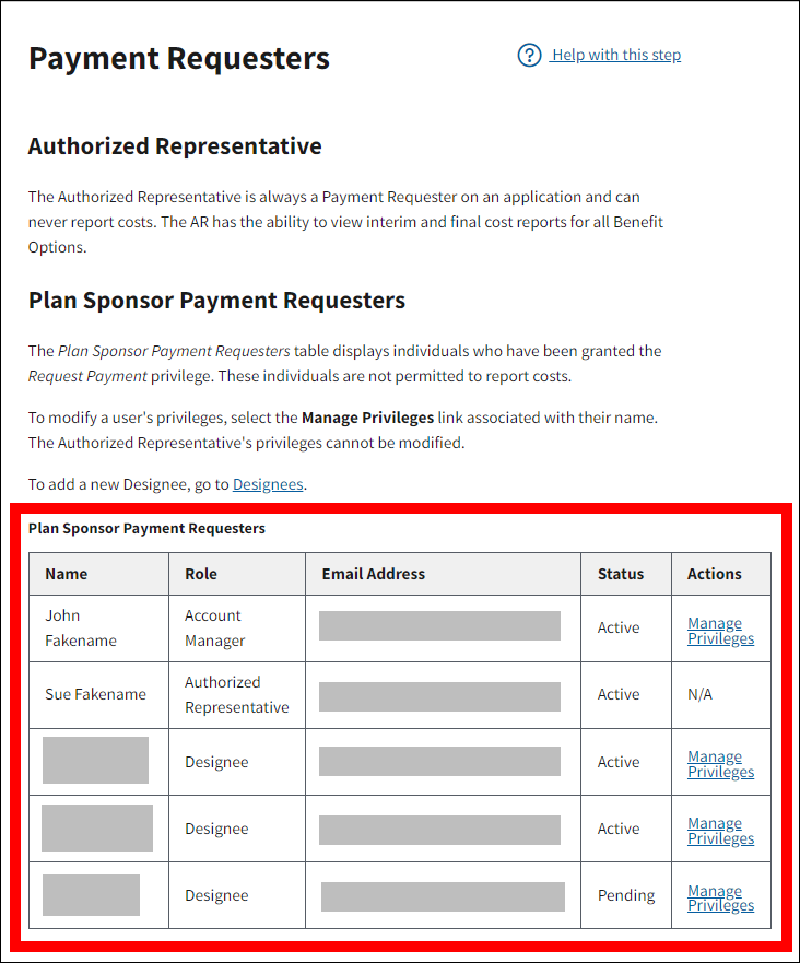 Payment Requesters page with sample data. Plan Sponsor Payment Requesters table is highlighted.
