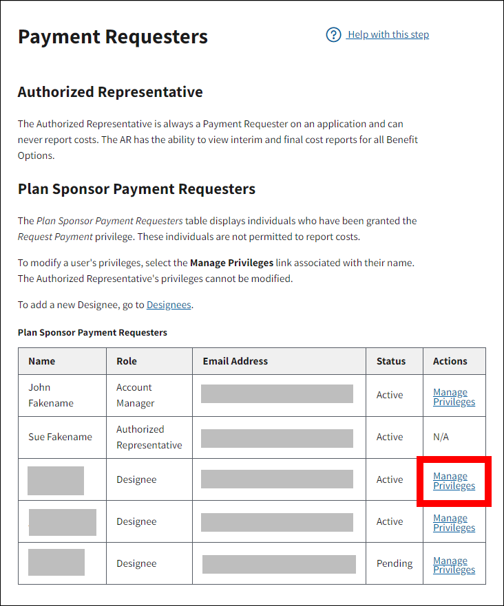 Payment Requesters page with sample data. Manage Privileges link is highlighted.