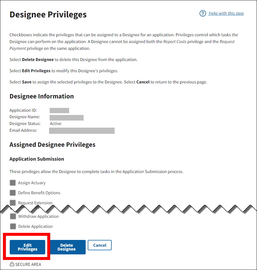 Designee Privileges page with sample data. Edit Privileges button is highlighted.
