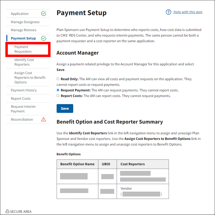 Payment Setup page with sample data. Payment Requesters is highlighted in left nav.