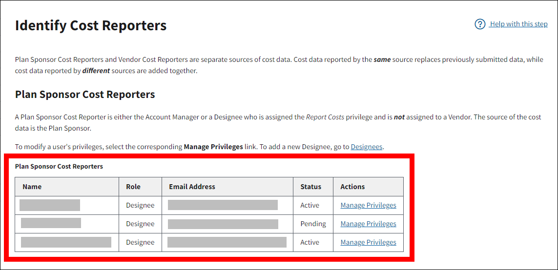 Identify Cost Reporters page with sample data. Plan Sponsor Cost Reporters table is highlighted.