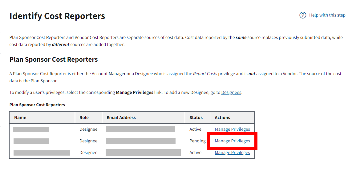 Identify Cost Reporters page with sample data. Manage Privileges link is highlighted.