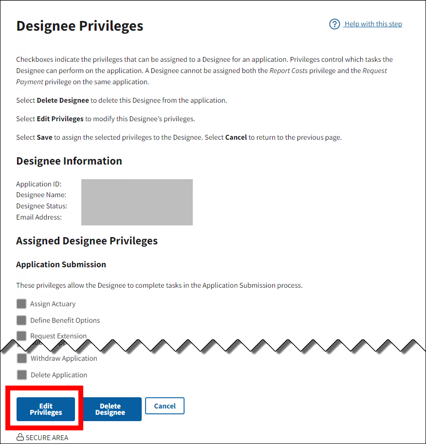 Designee Privileges page with Edit Privileges button highlighted.