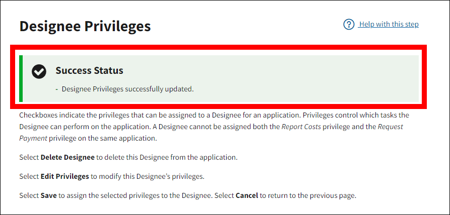 Designee Privileges page with success message highlighted.