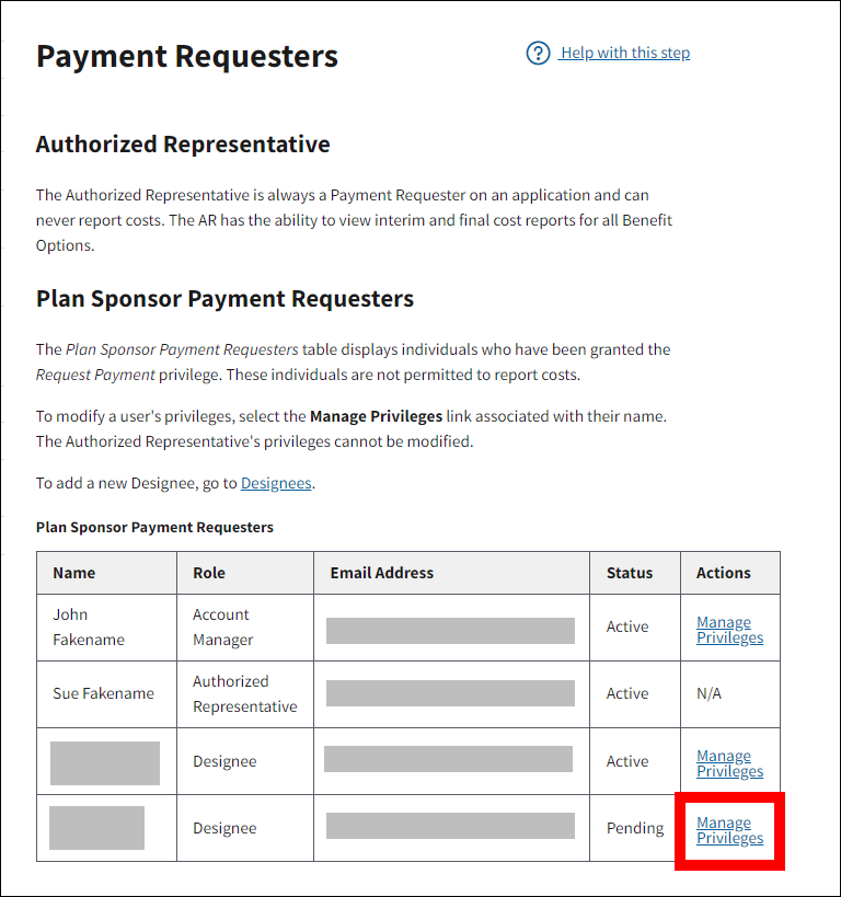 Payment Requesters page with sample data. Manage Privileges link is highlighted.