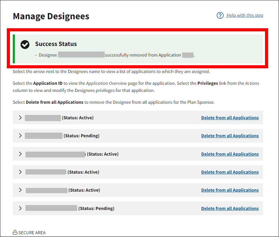Manage Designees page with sample data. Success message is highlighted.