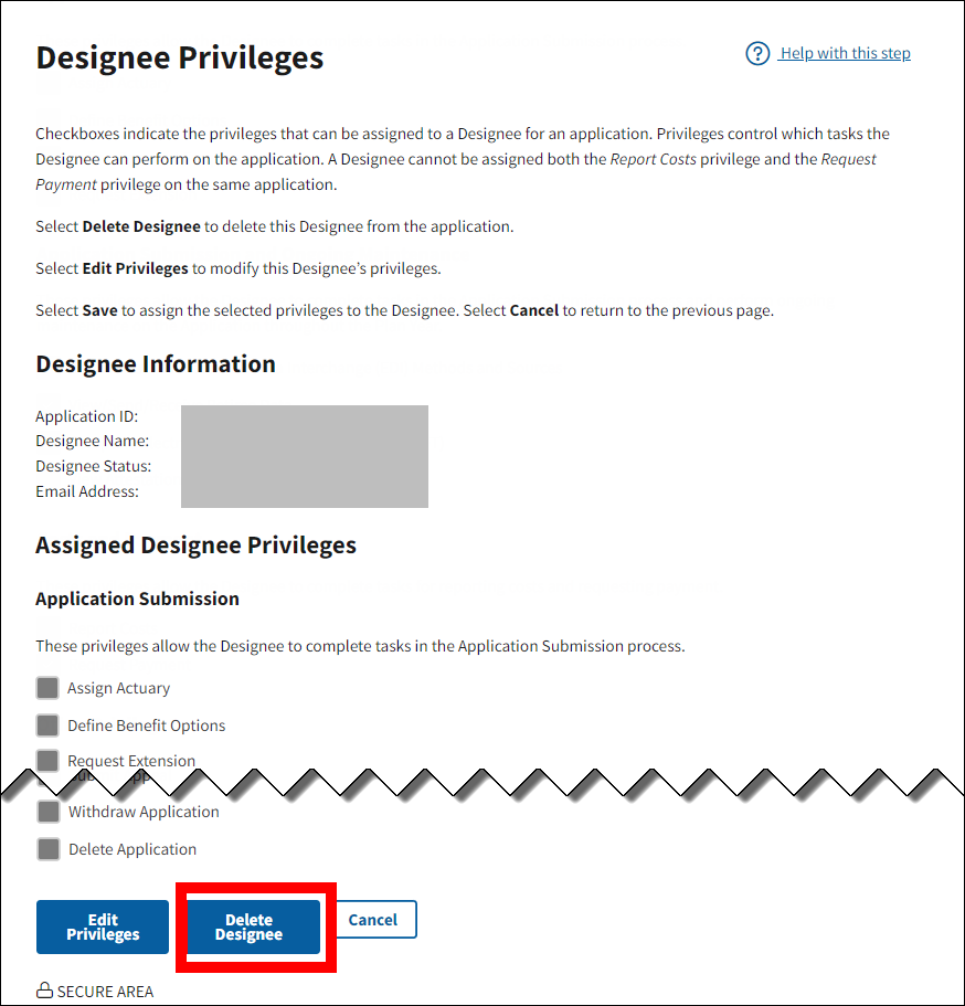 Designee Privileges page with Delete Designee button highlighted.