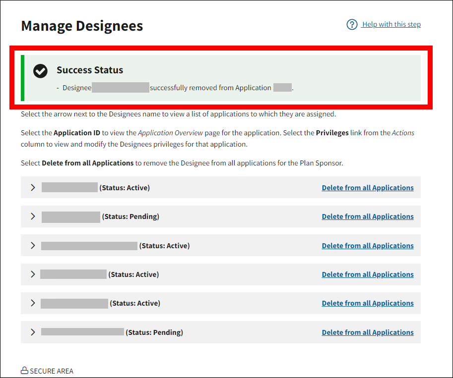 Manage Designees page with sample data. Success message is highlighted.