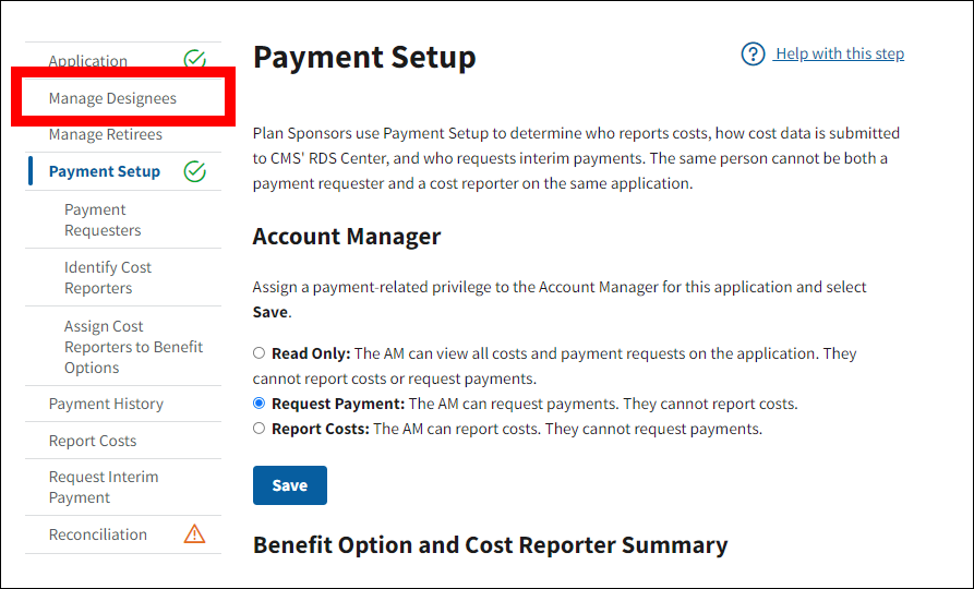 Payment Setup page with sample data. Manage Designees is highlighted in left nav.