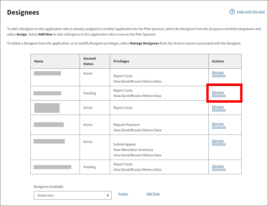 Designees page with sample data. Manage Designee link is highlighted.