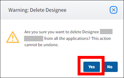 Warning: Delete Designee pop-up with Yes button highlighted.