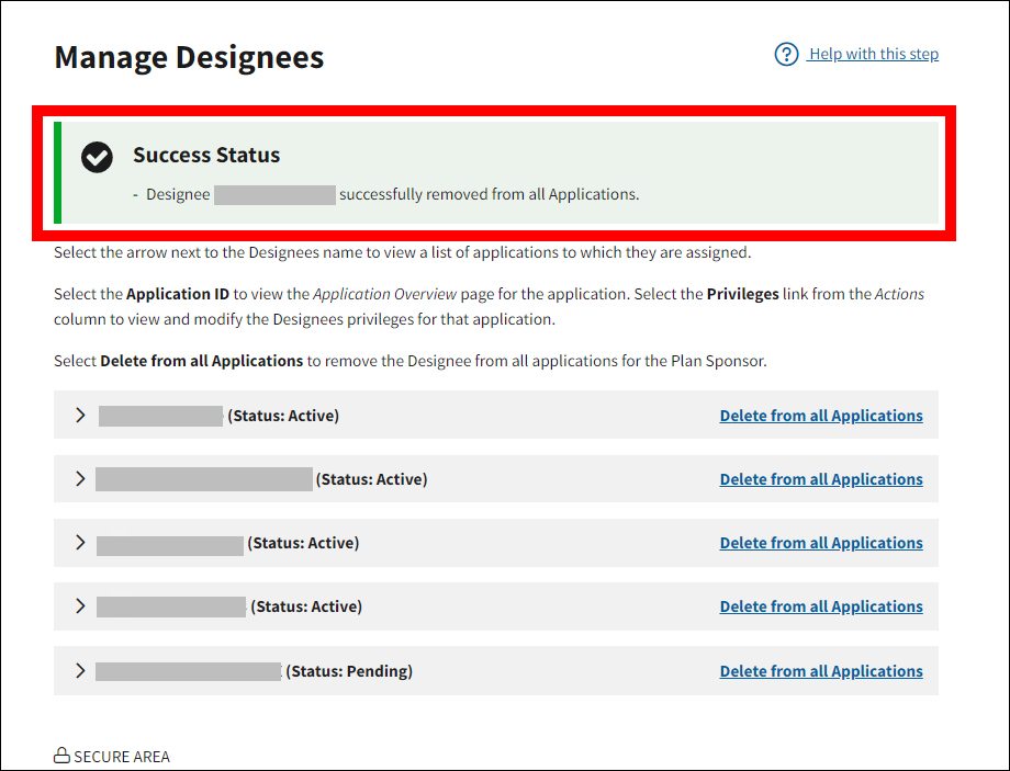 Manage Designees page with sample data. Success message is highlighted.