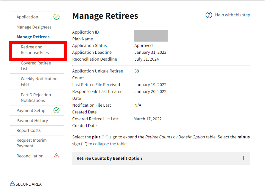 Manage Retirees page with sample data. Retiree and Response Files is highlighted in left nav.