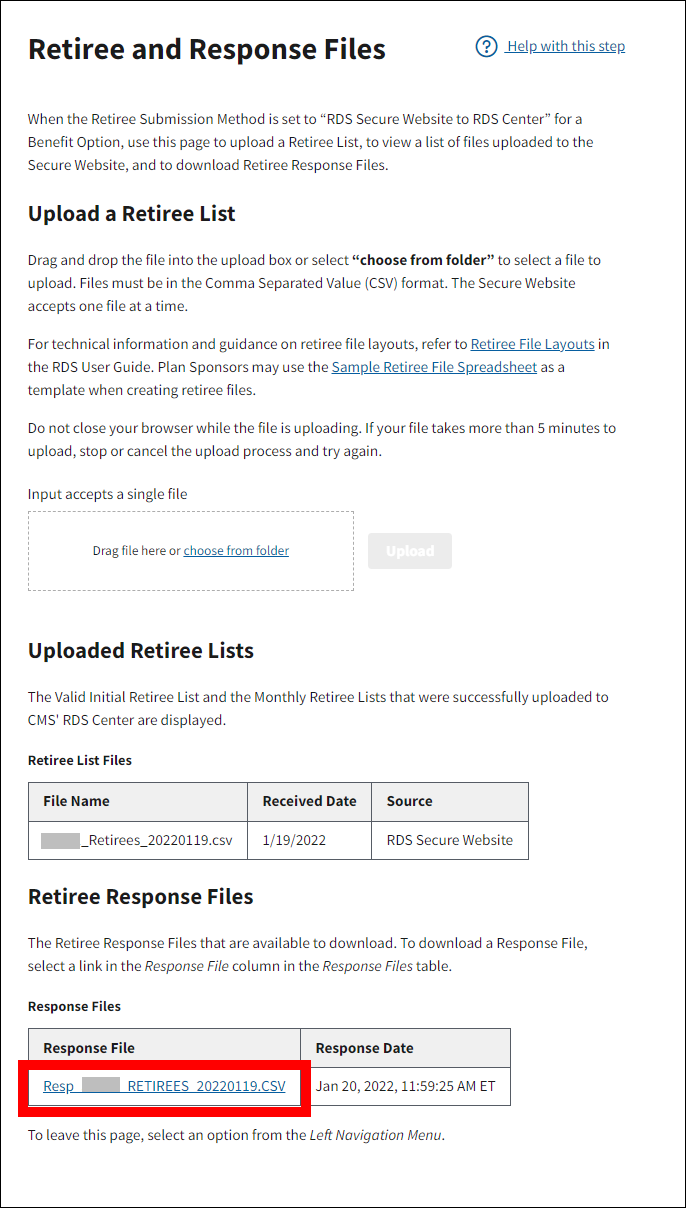 Retiree and Response Files page with sample data. Response File link is highlighted.