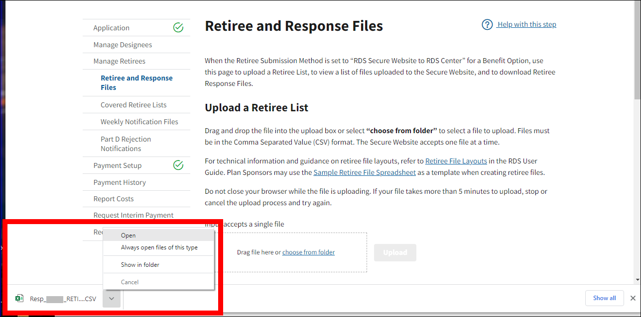 Retiree and Response Files page illustrating a downloaded Response File being opened.