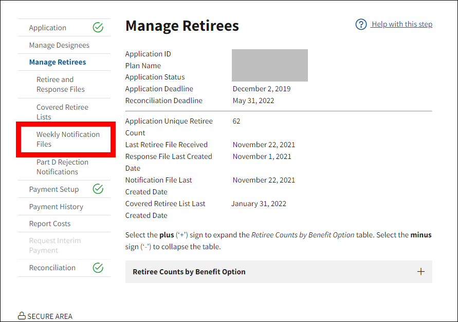 Manage Retirees page with sample data. Weekly Notification Files is highlighted in left nav.