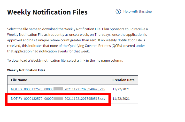 Weekly Notification Files page with sample data. Weekly Notification File link is highlighted.
