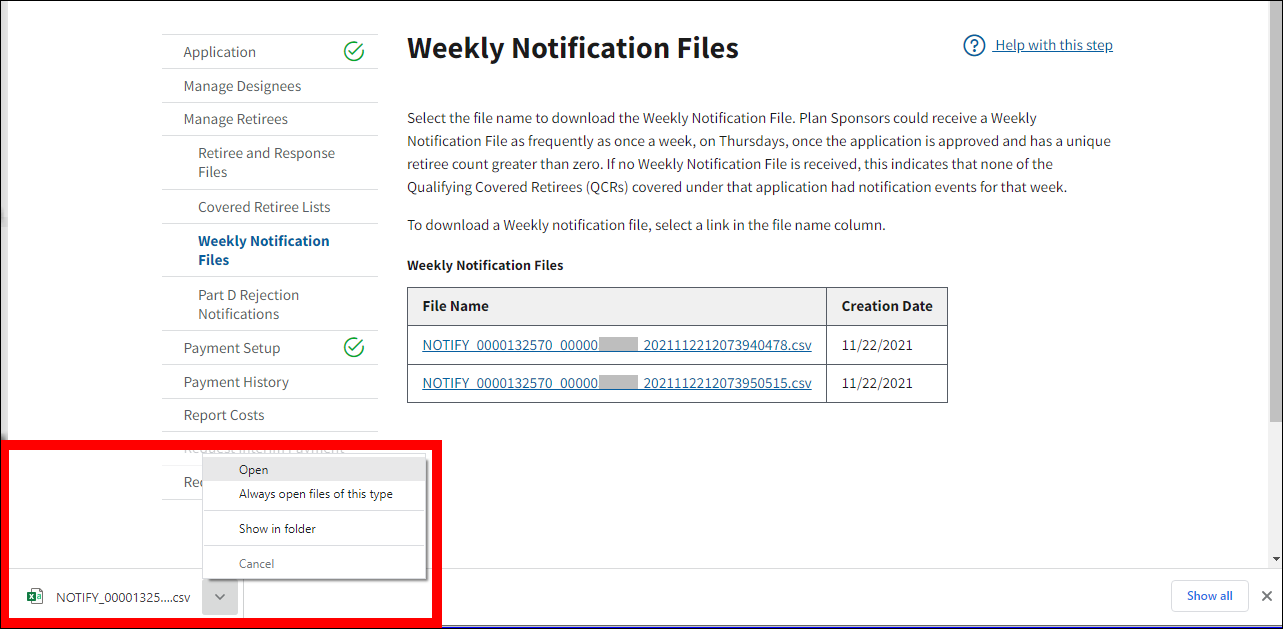 Weekly Notification Files page illustrating a downloaded Notification File being opened.