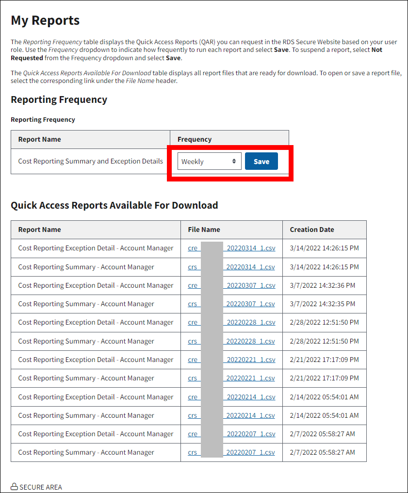 My Reports page with sample data. Frequency dropdown and Save button are highlighted.