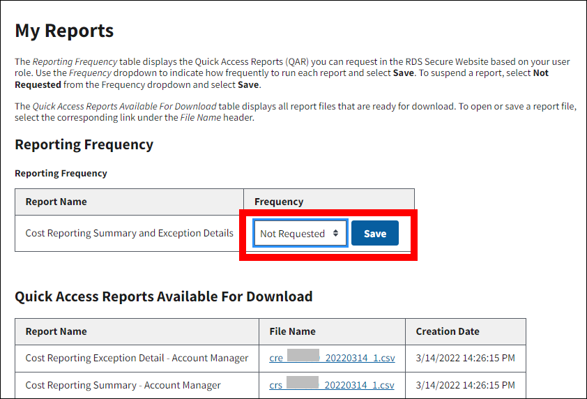 My Reports page with sample data. Frequency dropdown and Save button are highlighted.