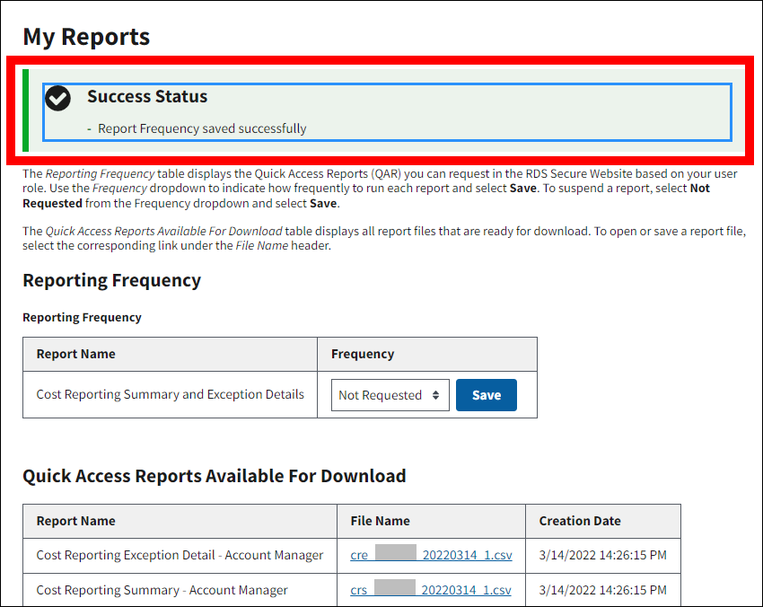 My Reports page with sample data. Success message is highlighted.