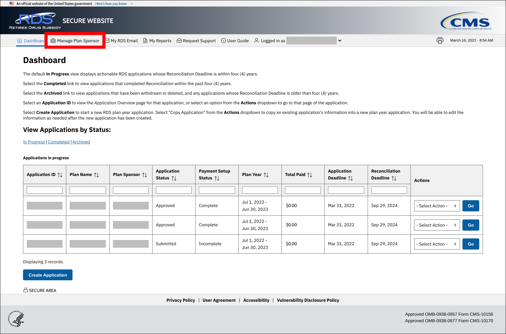 Dashboard page with sample data. Manage Plan Sponsor is highlighted in top nav.