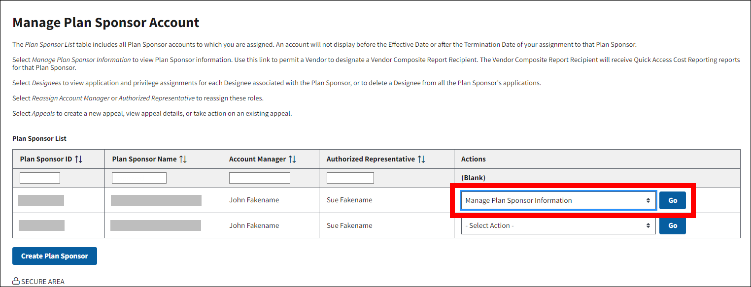 Manage Plan Sponsor Account page with sample data. Actions dropdown and Go button are highlighted.