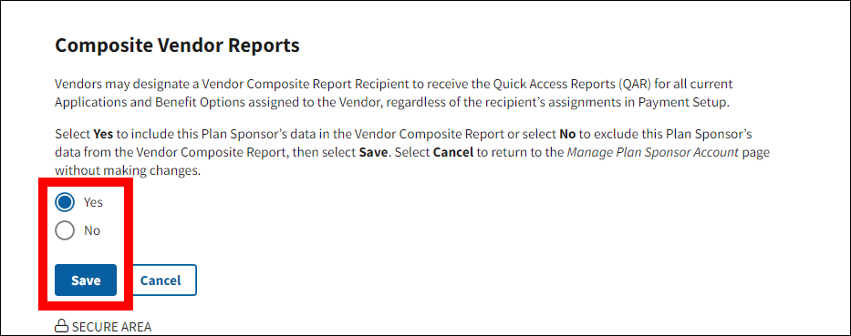 Manage Plan Sponsor Information page with Save and radio buttons highlighted.