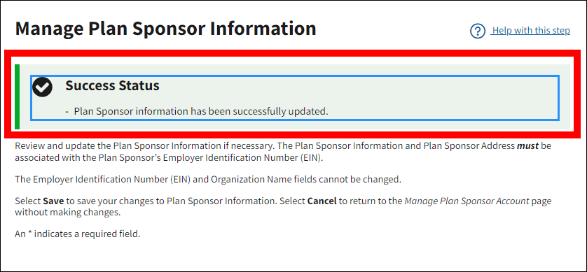 Manage Plan Sponsor Information page with Success message highlighted.