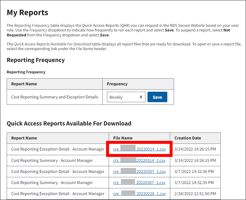 My Reports page with sample data. File Name link is highlighted.