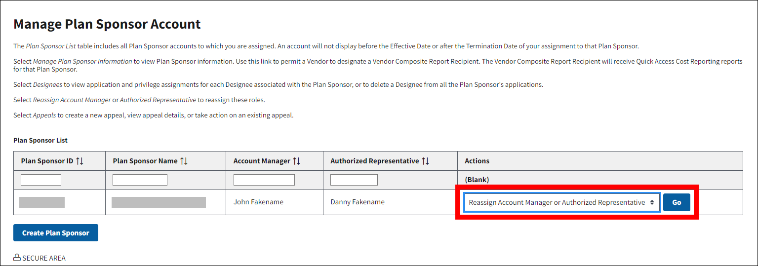 Manage Plan Sponsor Account page with sample data. Actions dropdown and Go button are highlighted.