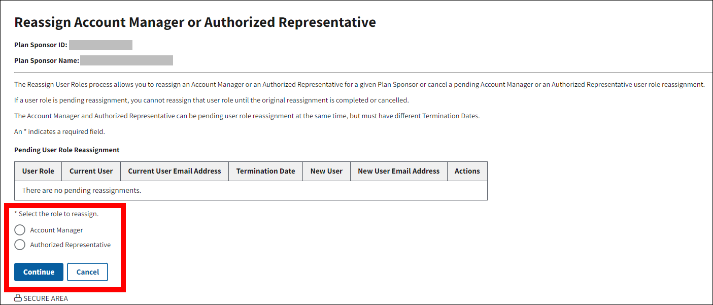 Reassign Account Manager or Authorized Representative page with Continue, Cancel, and radio buttons highlighted.