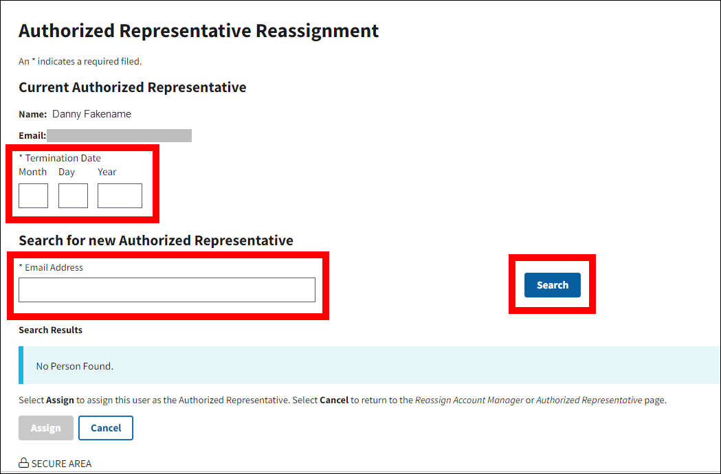 Authorized Representative Reassignment page with form fields and Search button highlighted.