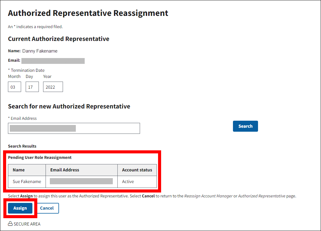 Authorized Representative Reassignment page with sample data. Pending User Role Reassignment table and Assign button are highlighted.
