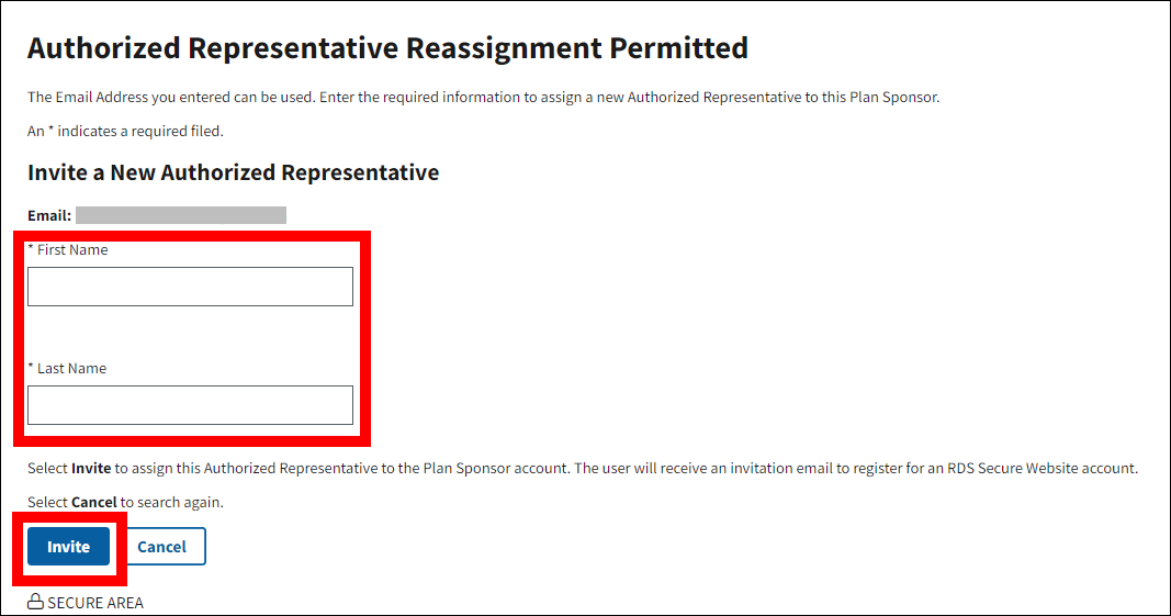 Authorized Representative Reassignment Permitted page with Name fields and Invite button highlighted.