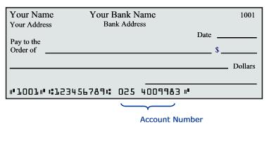 Illustration of a check with sample check number, routing number, and account number. Location of account number is indicated.