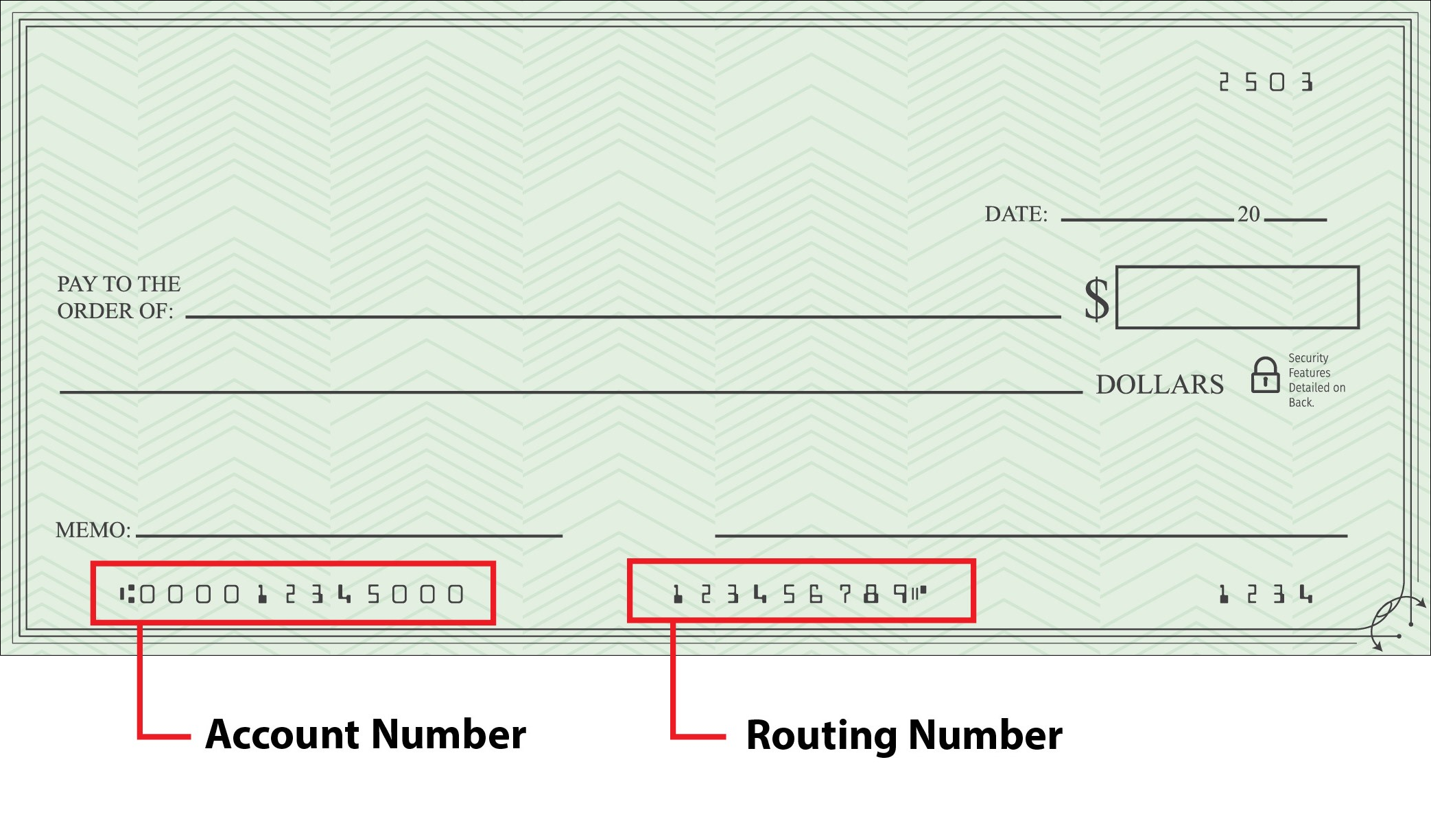 Illustration of a check with sample check number, routing number, and account number. Location of account number is indicated.