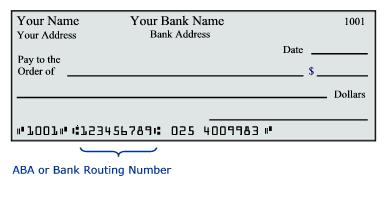 Illustration of a check with sample check number, routing number, and account number. Location of routing number is indicated.