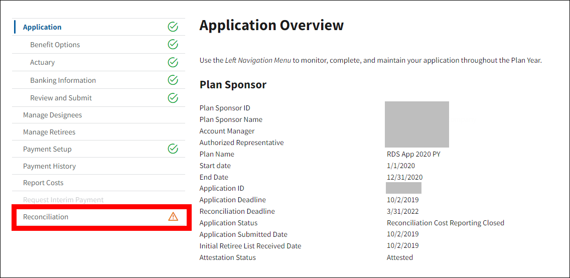 Application Overview page with sample data. Reconciliation is highlighted in left nav.