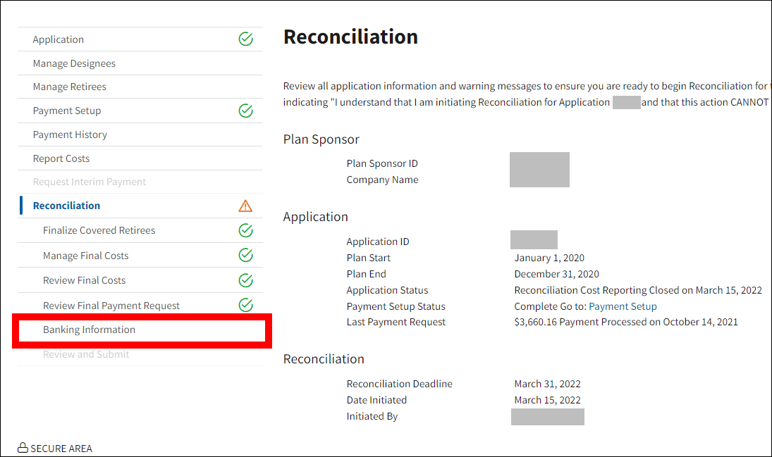 Reconciliation page with sample data. Banking Information is highlighted in left nav.