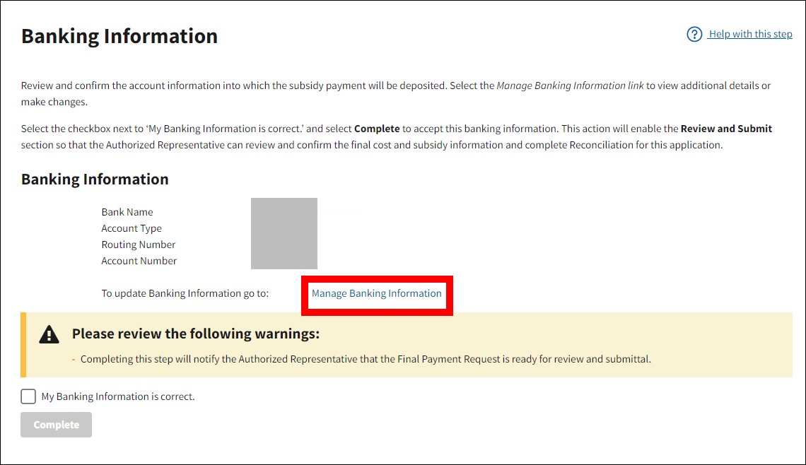 Banking Information page with Manage Banking Information link highlighted.