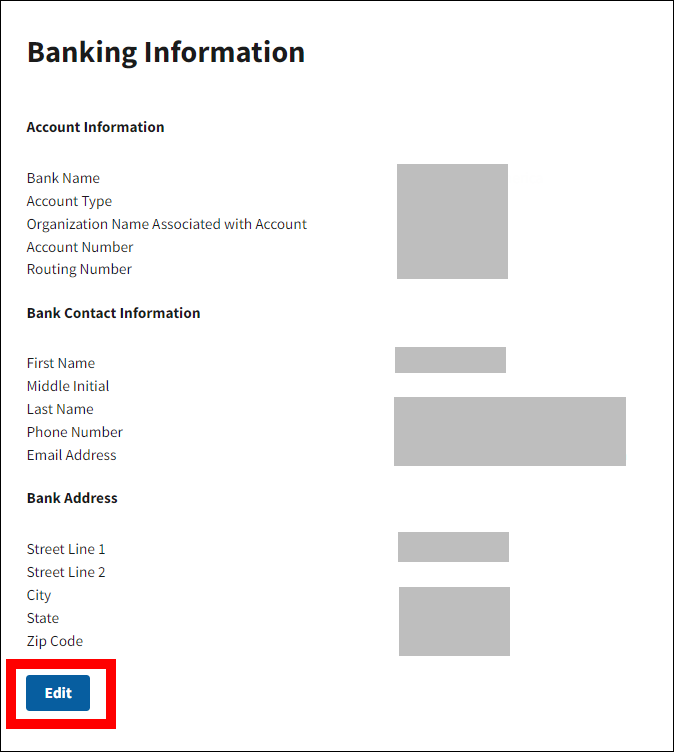 Banking Information page with Edit button highlighted.