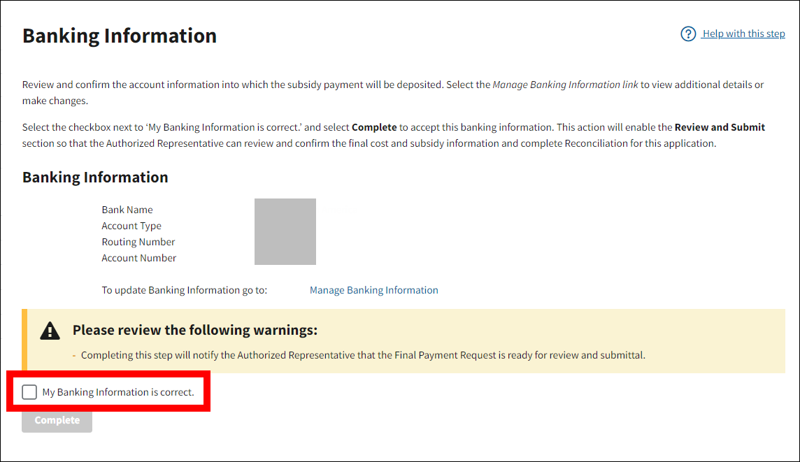 Banking Information page with checkbox section highlighted and Complete button disabled.