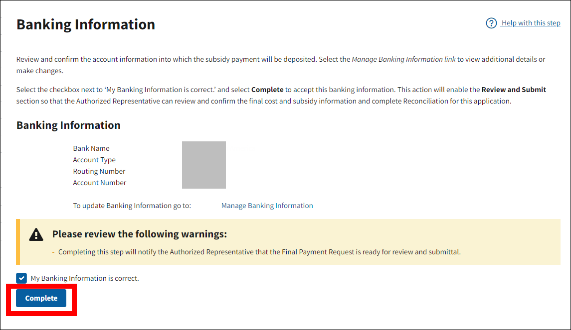 Banking Information page with checkbox selected. Complete button is enabled and highlighted.