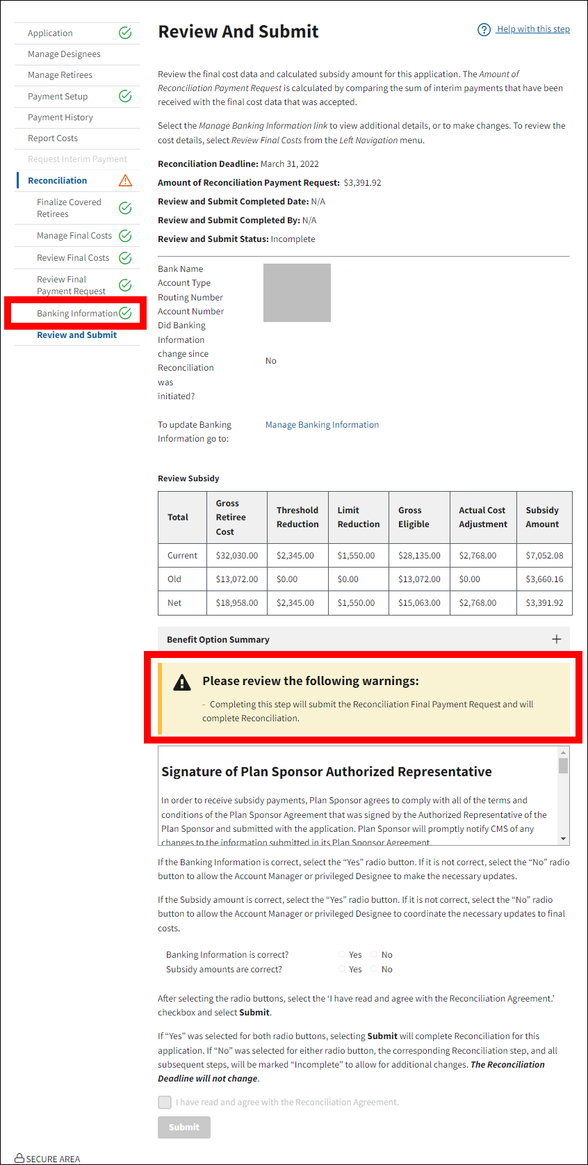 Review and Submit page with sample data. Warning message and Banking Information with complete status indicator in left nav are highlighted.