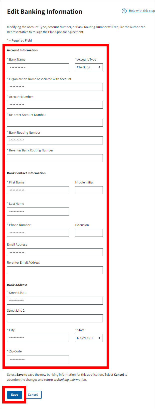 Edit Banking Information page with form fields and Save button highlighted.